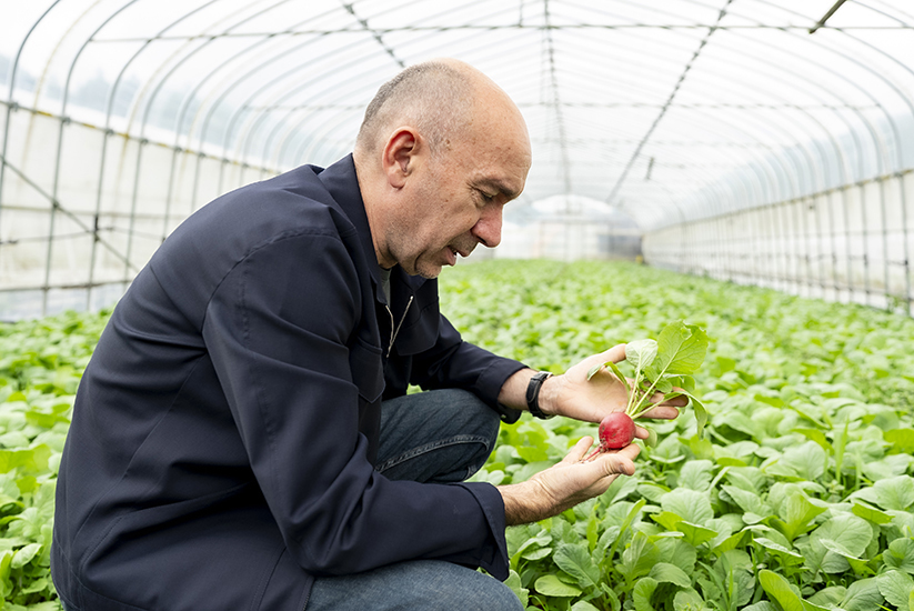 京丹波町で生産者とともに食材を確かめるローラン・プルセル氏