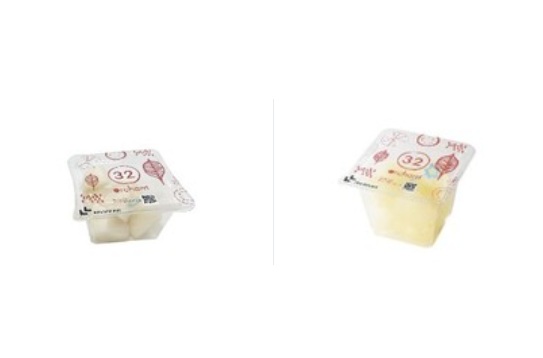 左が従来品、右が大盛！カップフルーツ（くれは梨）