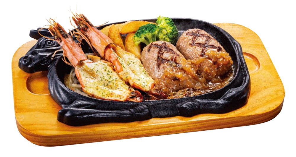 「殻付き海老の香味グリル＆大俵ハンバーグ」（150g 1749円、200g 1815円、250g 2035円）