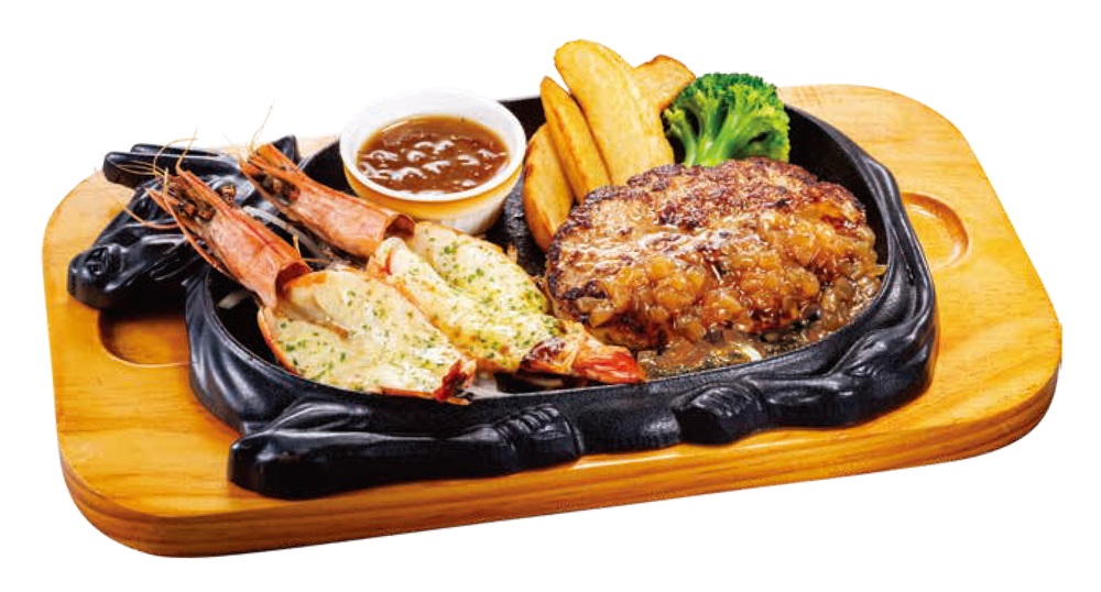 「殻付き海老の香味グリル＆手ごねハンバーグ」（1485円）