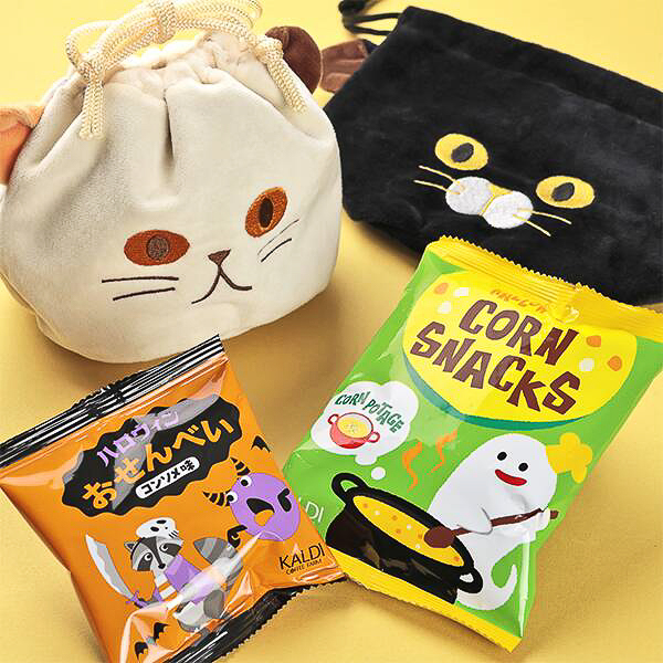新品　カルディ　2023 2024 ねこちゃん巾着　くろねこバッグ　4点 カルディ、ムスッとかわいい黒猫と三毛猫の「ねこちゃん巾着