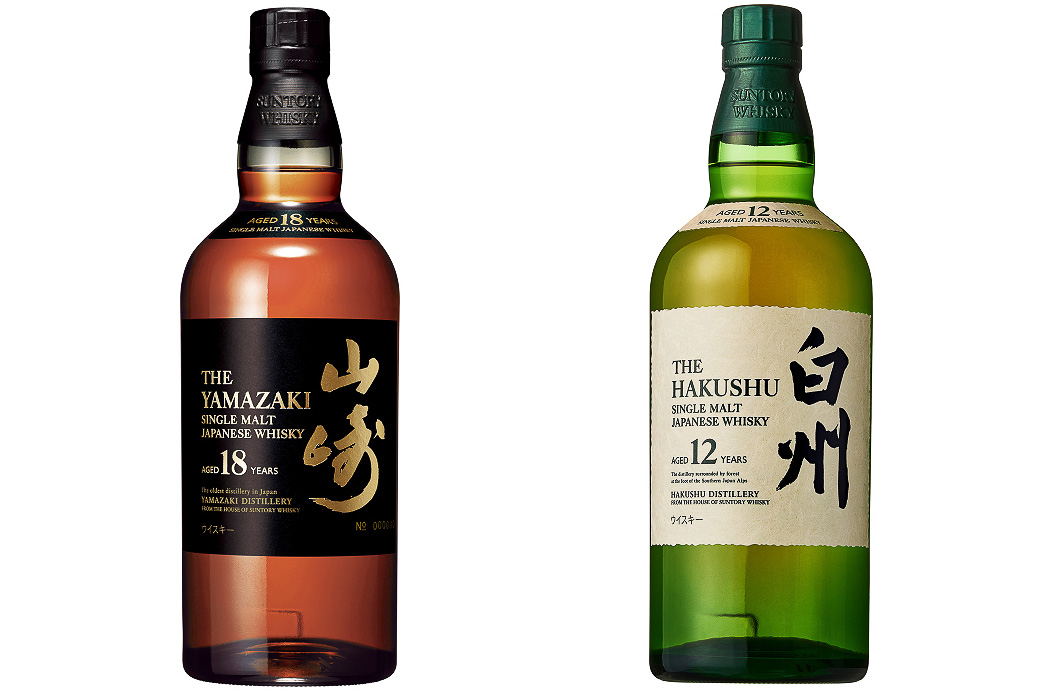 「サントリーシングルモルトウイスキー 山崎18年」（左）と「サントリーシングルモルトウイスキー 白州12年」（右）