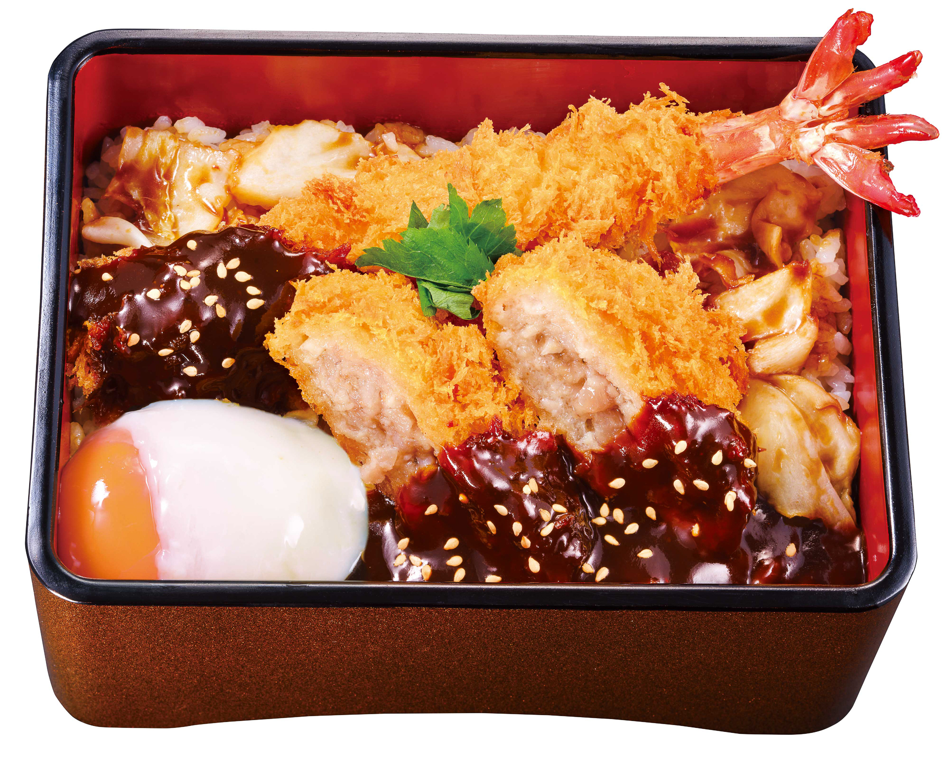 「大海老とメンチかつの月見味噌かつ重」（ごはん並 990円、ごはん大 1060円）