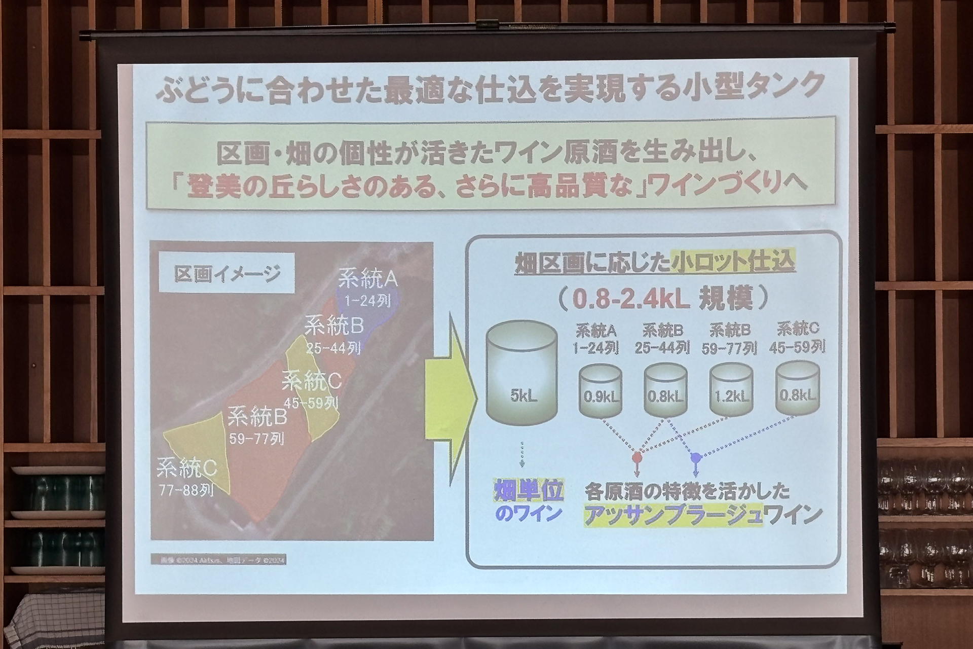 約50区画で栽培したぶどうをそれぞれ最適なタイミングで収穫し、小ロットで仕込むことができる