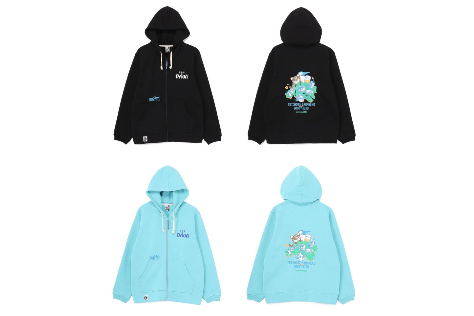 OWYCイリオモテヤマネコmeetsブービーバード ジップパーカーのブラック、ライトブルー