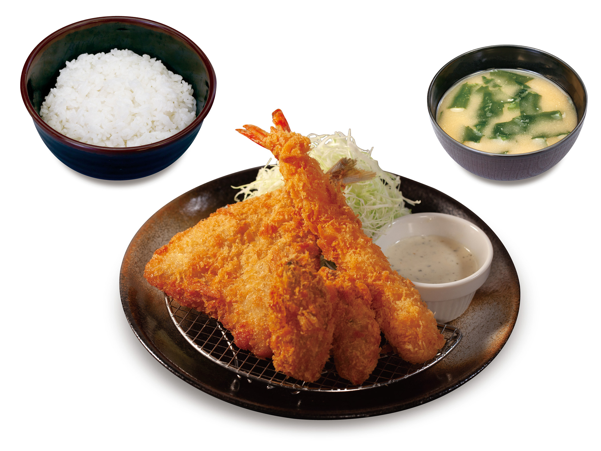 「海鮮盛合せ定食（カキフライ2個・アジフライ1枚・海老1尾）」（990円）