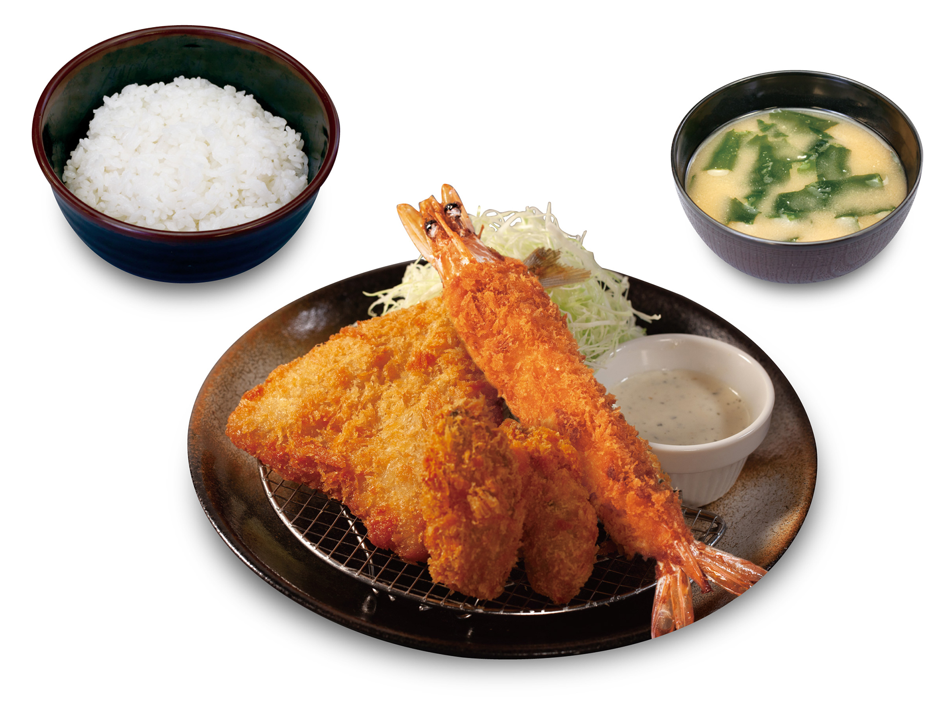 「海鮮盛合せ定食（カキフライ2個・アジフライ1枚・有頭大海老1尾）」（1290円）