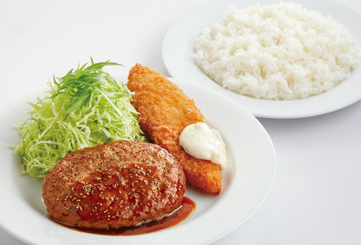 ワンコイン！日替りランチ・土曜日「ハンバーグ＆白身フライ」