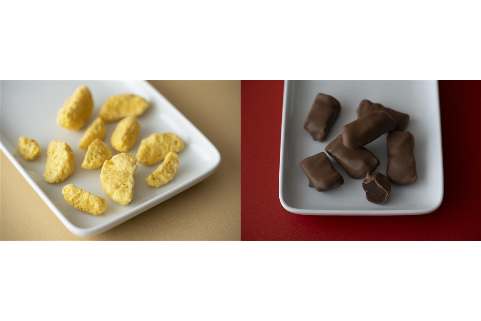 無印良品「不揃い しみこみチョコ 温州みかん」（左）と「ポムショコラ」（右）