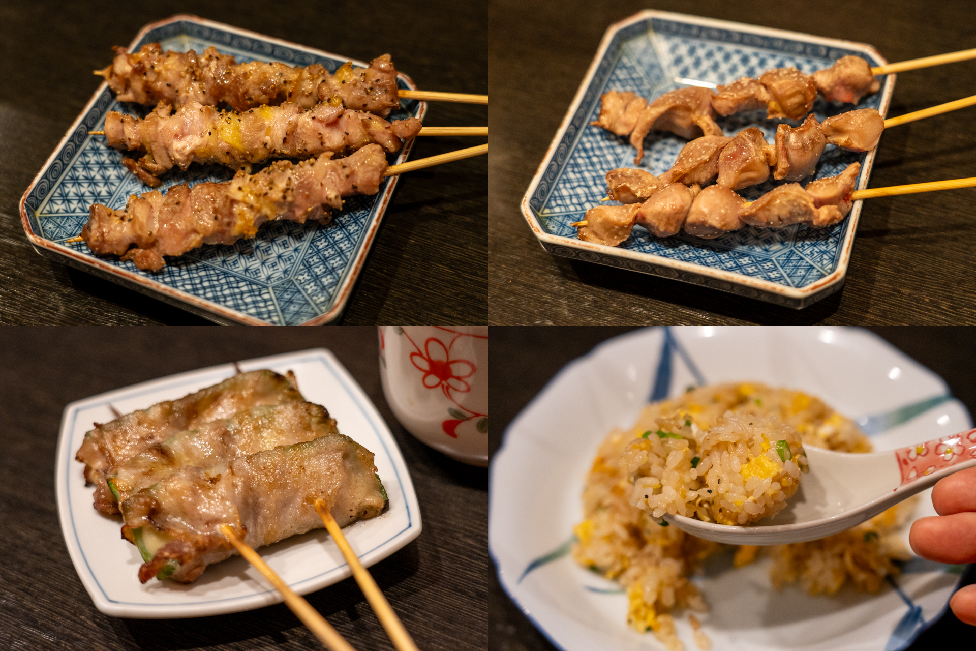 焼き鳥2種類、ピーマンとチーズの肉巻き（これ絶品）、そして〆は名物だというチャーハン