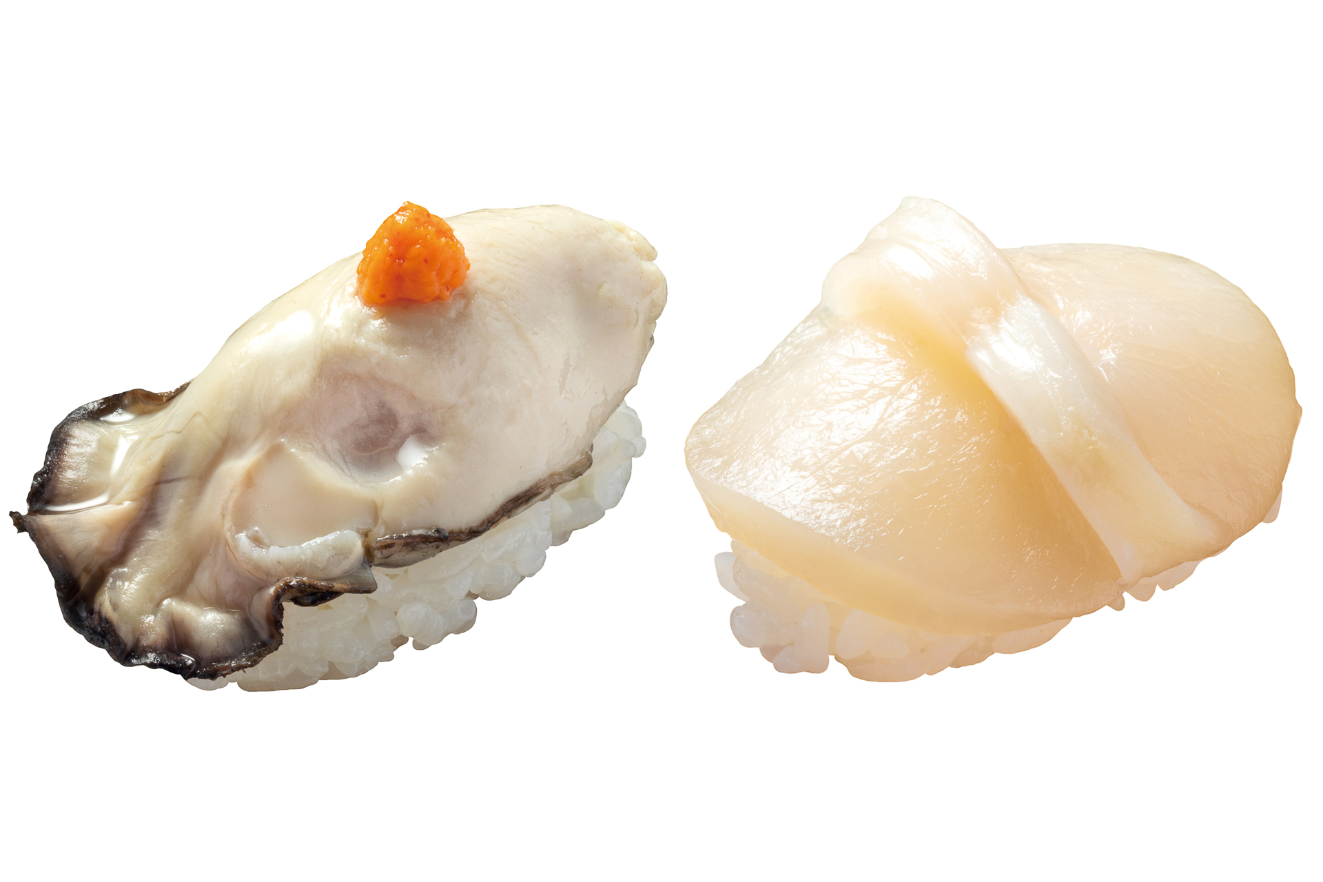 はま寿司「広島県産牡蠣握り（もみじおろしのせ）」と「たいら貝」