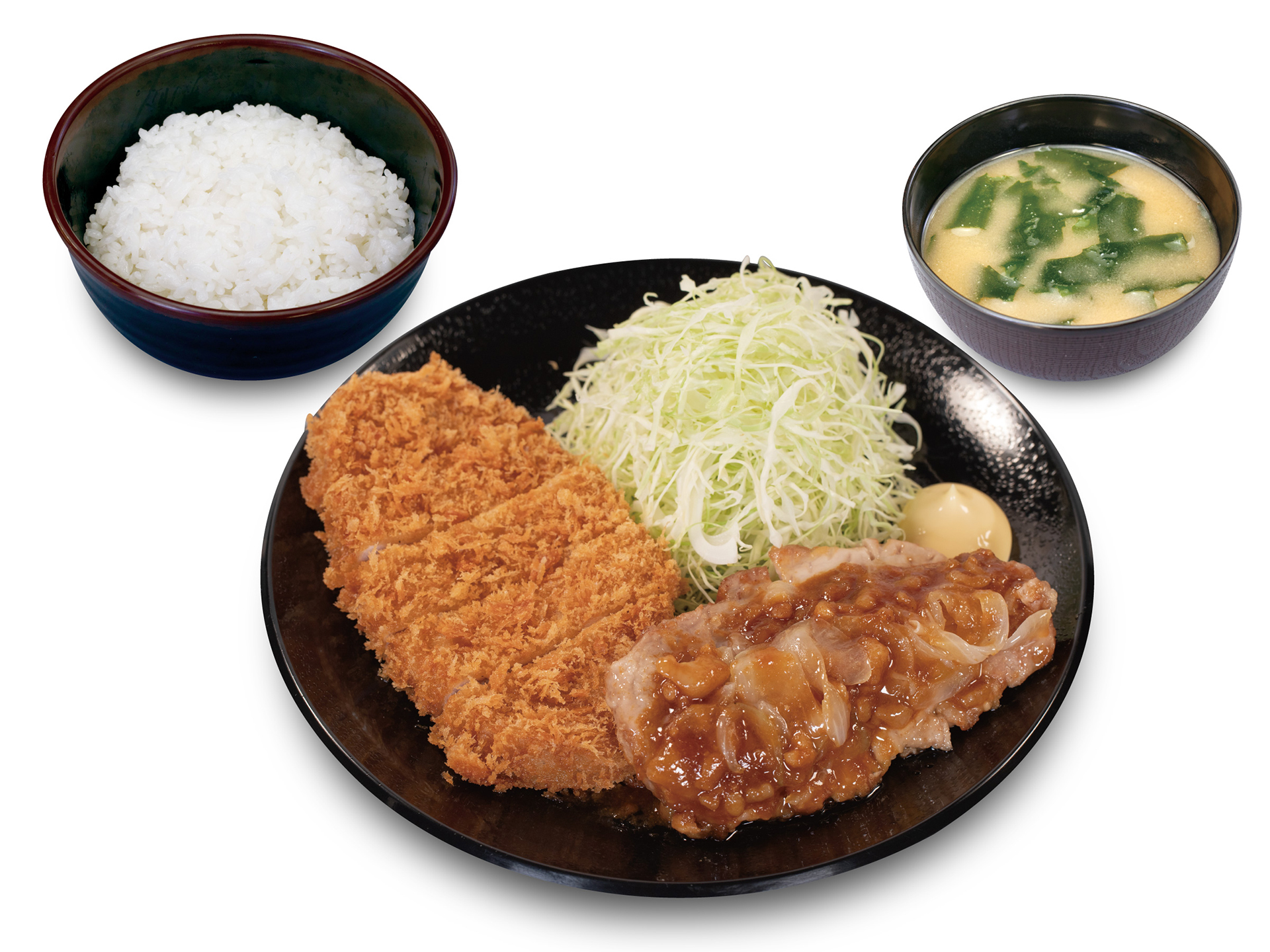「背脂生姜タレのポークフライドステーキ＆ロースかつ定食」（990円）