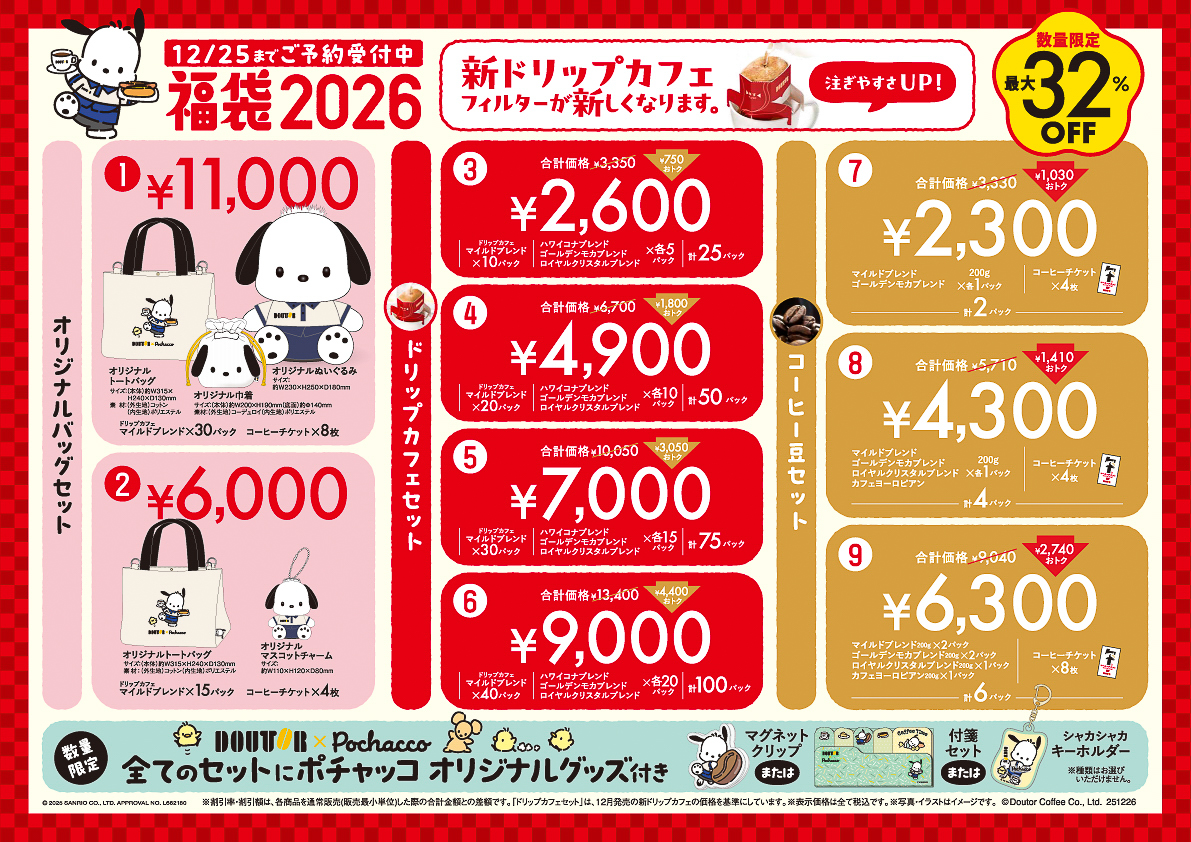 ドトールコーヒーショップ「ポチャッコ」コラボの「福袋2026」実店舗版のラインアップ