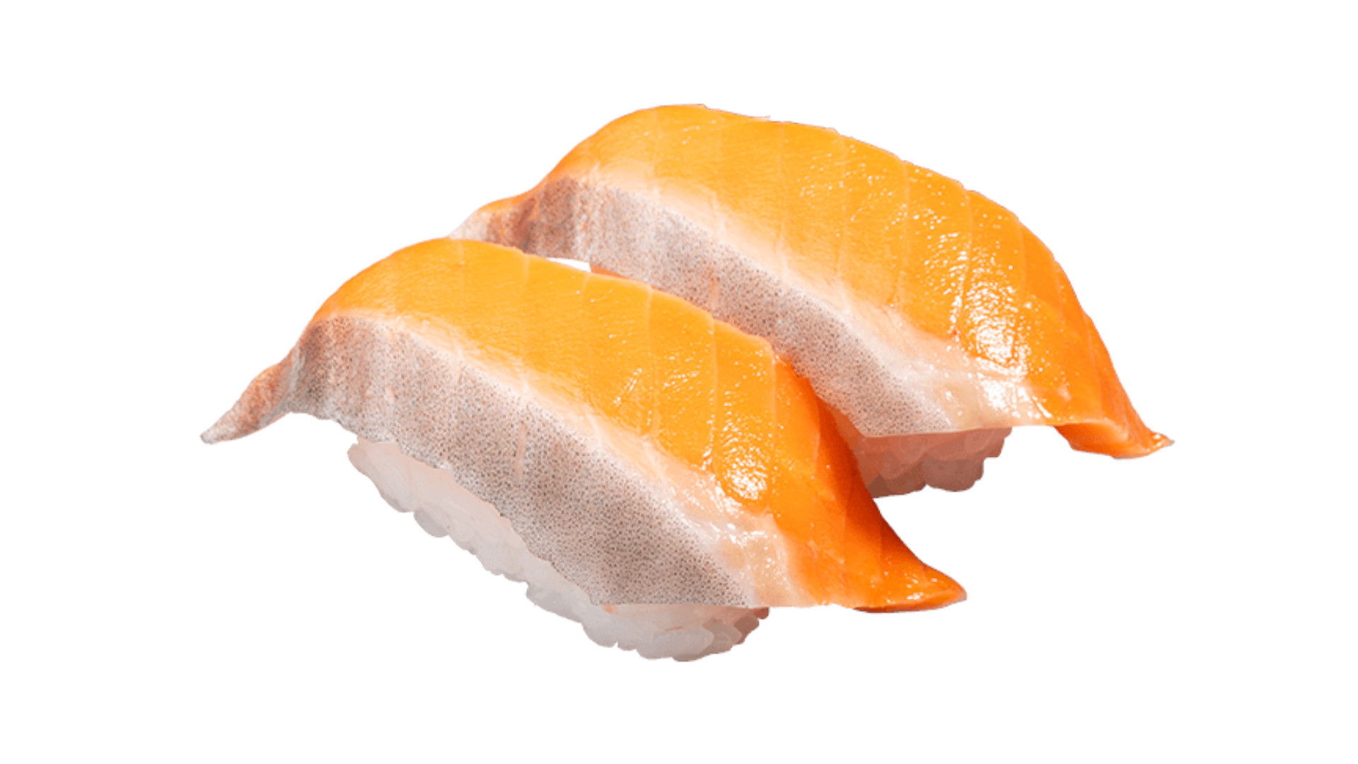 「サーモン二貫」（110円）脂の乗ったサーモンと赤酢がマッチ