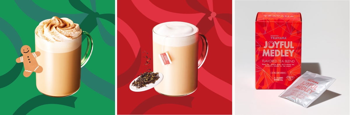 「ジンジャーブレッド ラテ」「ジョイフルメドレー ティー ラテ」「スターバックス ティバーナ ジョイフルメドレー 12袋入り」