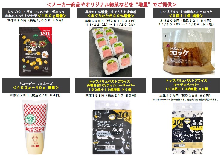 増量して販売する総菜・日用品一例