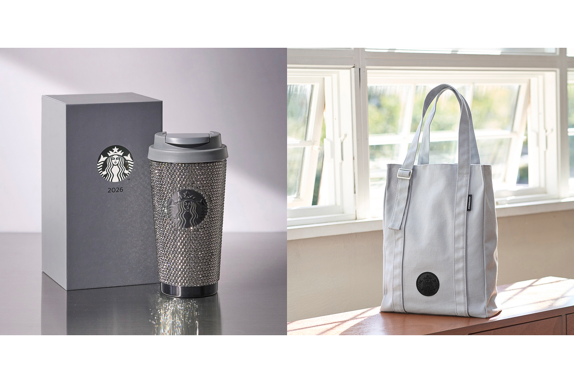 「スターバックス福袋 2026」のトートバッグ（右）と、1000セットにだけ入っているという特別仕様のステンレスタンブラー（左）