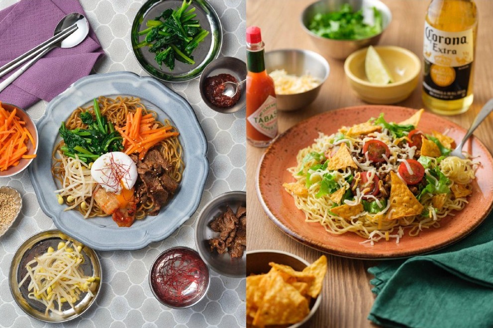 ビビンパ焼そば（韓国/左）とタコス焼そば（メキシコ/右）