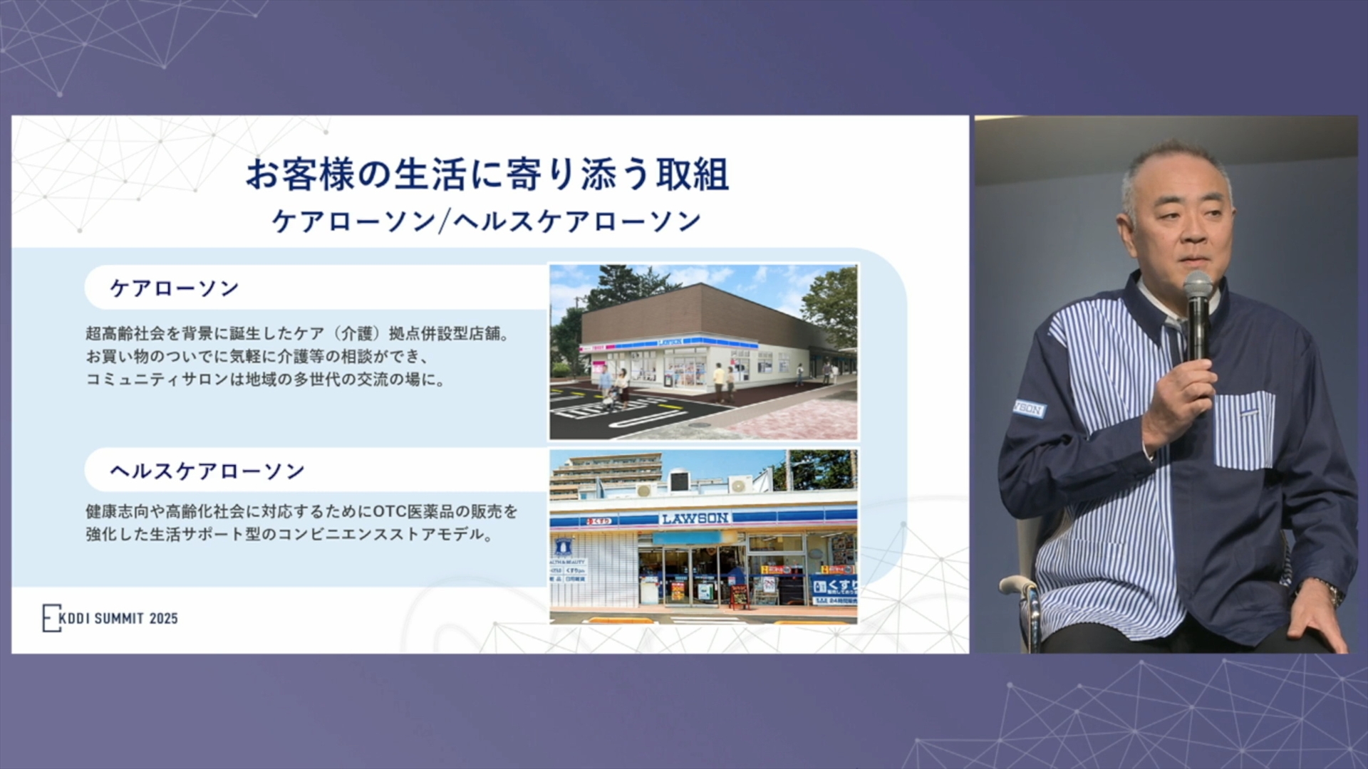 超高齢社会を背景に誕生したのがケア（介護）拠点併設の「ケアローソン」、健康指向や高齢化社会に対応するため、OTC医薬品の販売を強化した「ヘルスケアローソン」も展開中