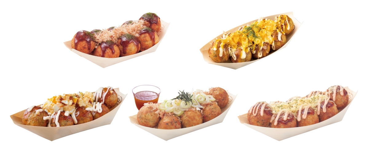 （左上から時計回りに） ぜったいうまい！！たこ焼（ソース）、【期間限定商品】カレー風味のチーズてりたま、チーズ明太子、ねぎだこ、てりたま