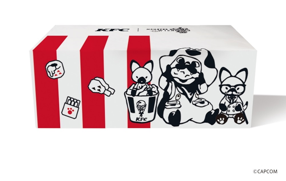 「アイルー」がカーネル・サンダースに扮した姿などを描いた限定デザインパッケージ