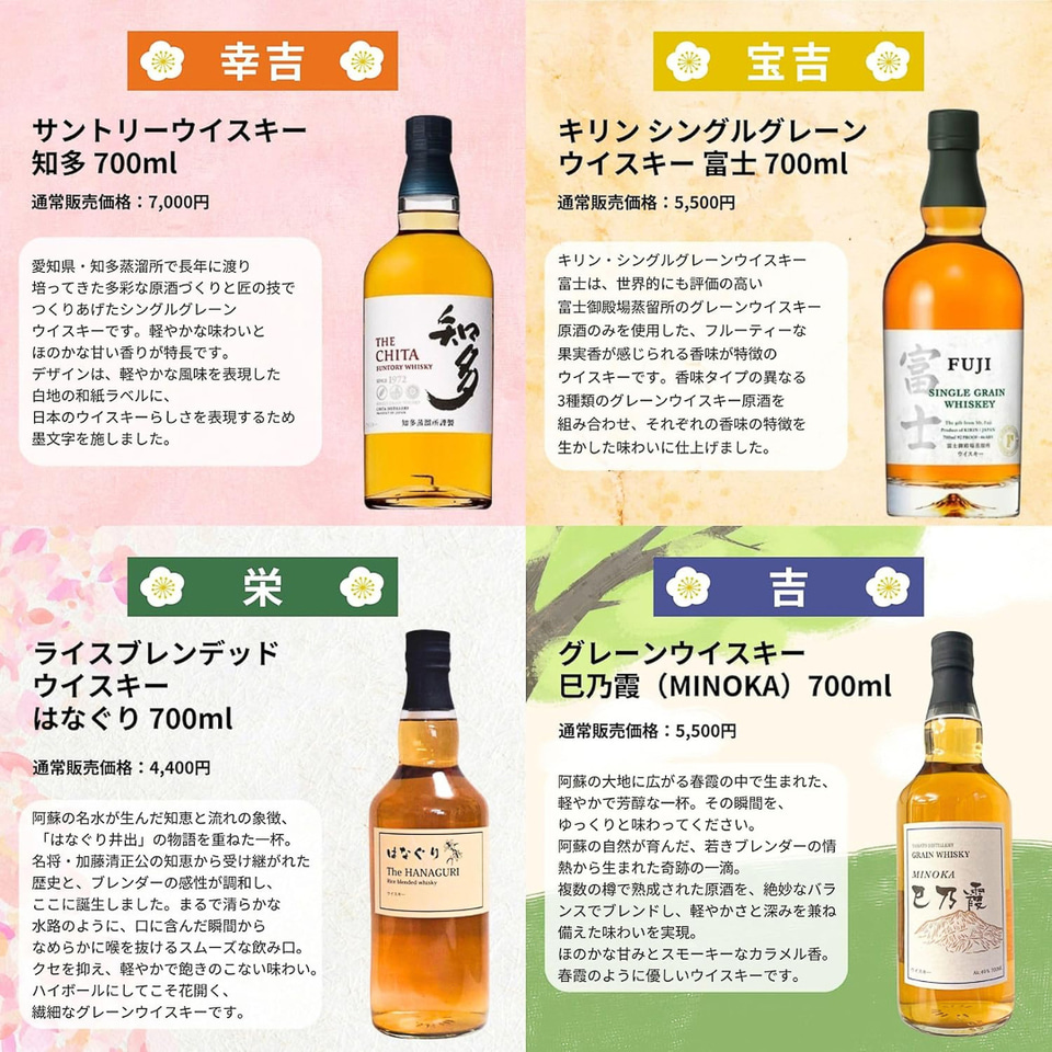 余市15年」「山崎12年」「白州12年」などが入った“ウイスキーくじ
