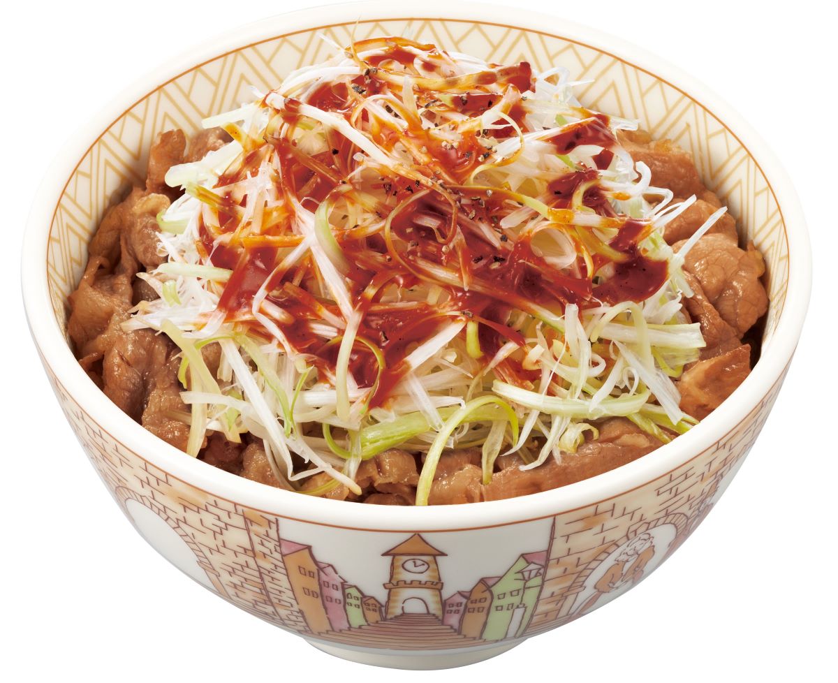 「赤だれ白髪ねぎ牛丼」（ミニ 600円、並盛 660円、中盛・大盛 860円、特盛 1060円、メガ 1240円）