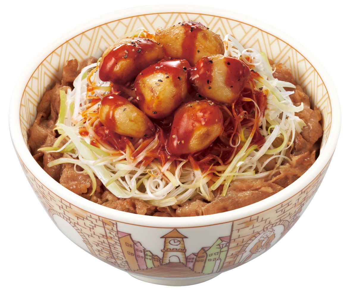 「にんにく赤だれ白髪ねぎ牛丼」（ミニ 670円、並盛 730円、中盛・大盛 930円、特盛 1130円、メガ 1310円）