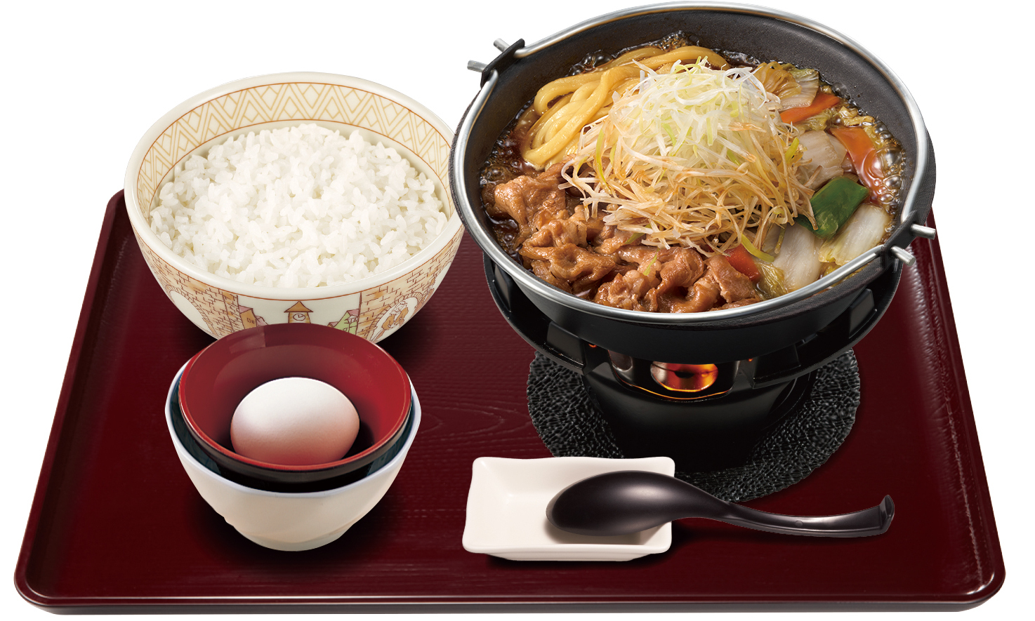 「白髪ねぎ牛すき鍋定食（たまご1個）」（ごはんミニ 1050円、並盛 1080円、ごはん大盛 1130円）