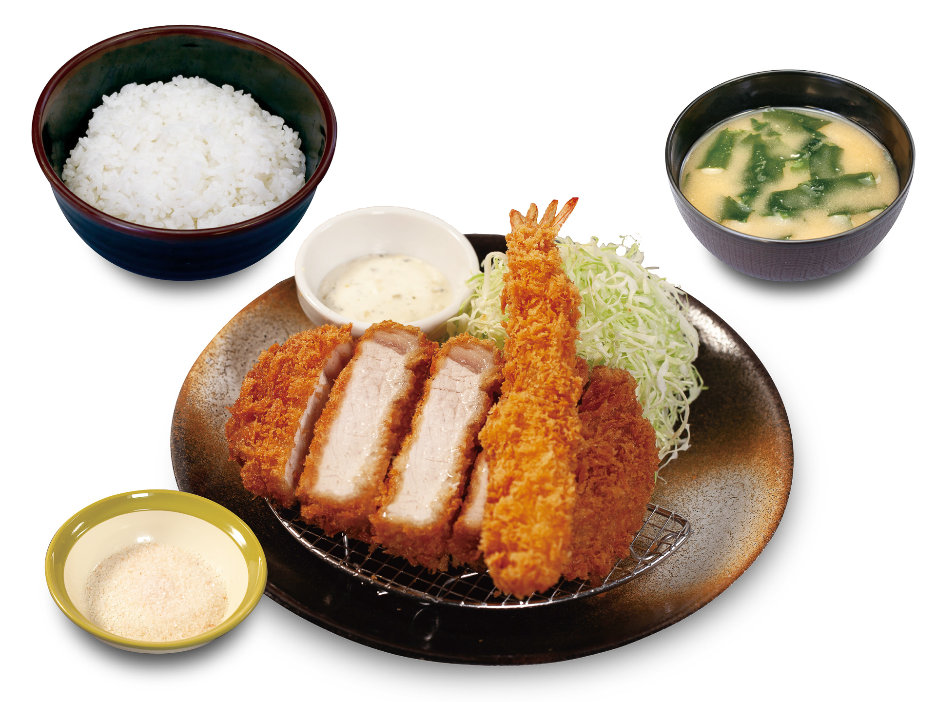 「国産雪国育ち厚切りロースかつ＆海老フライ（1尾）定食」（1350円）