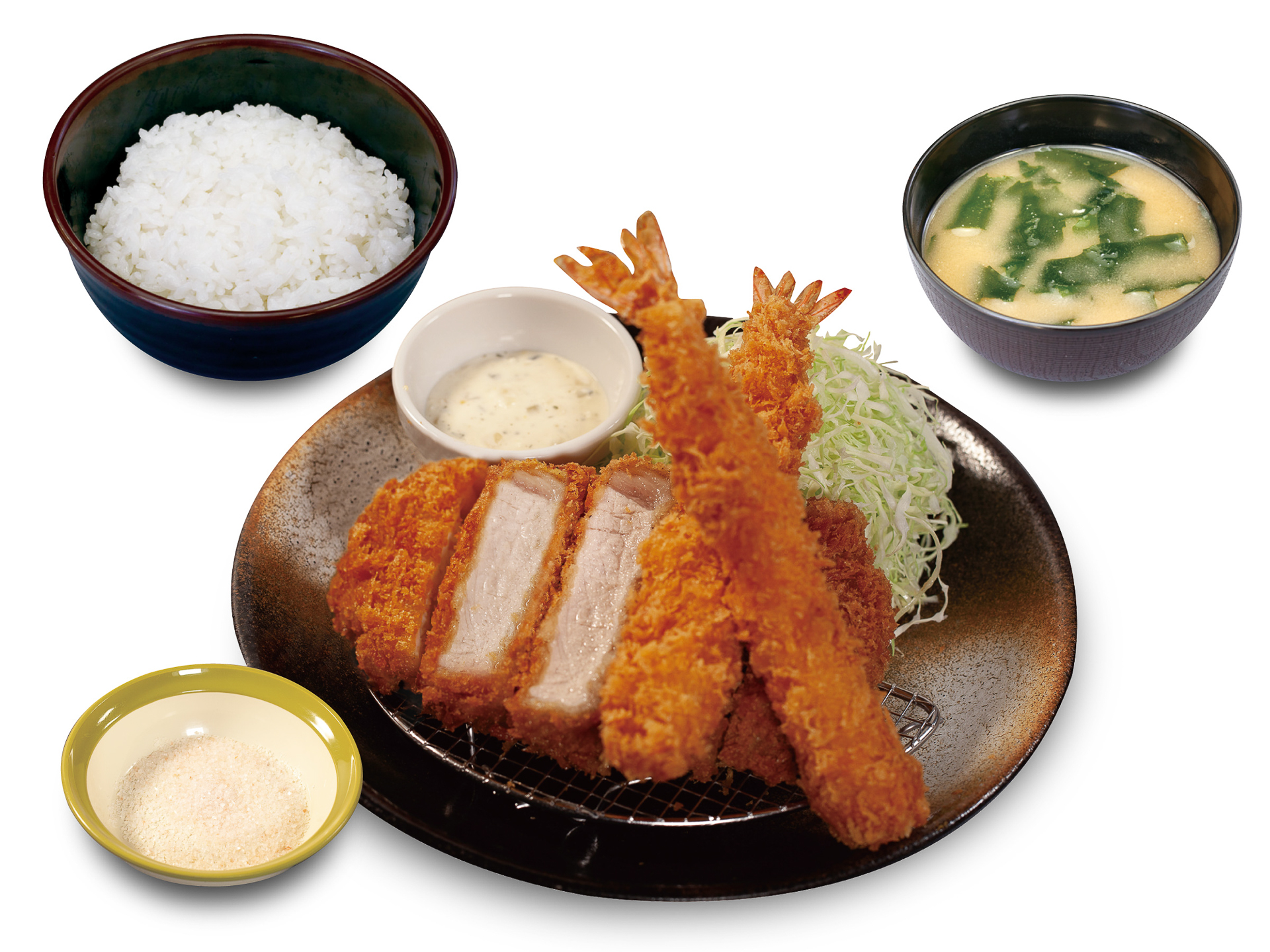 「国産雪国育ち厚切りロースかつ＆海老フライ（2尾）定食」（1630円）