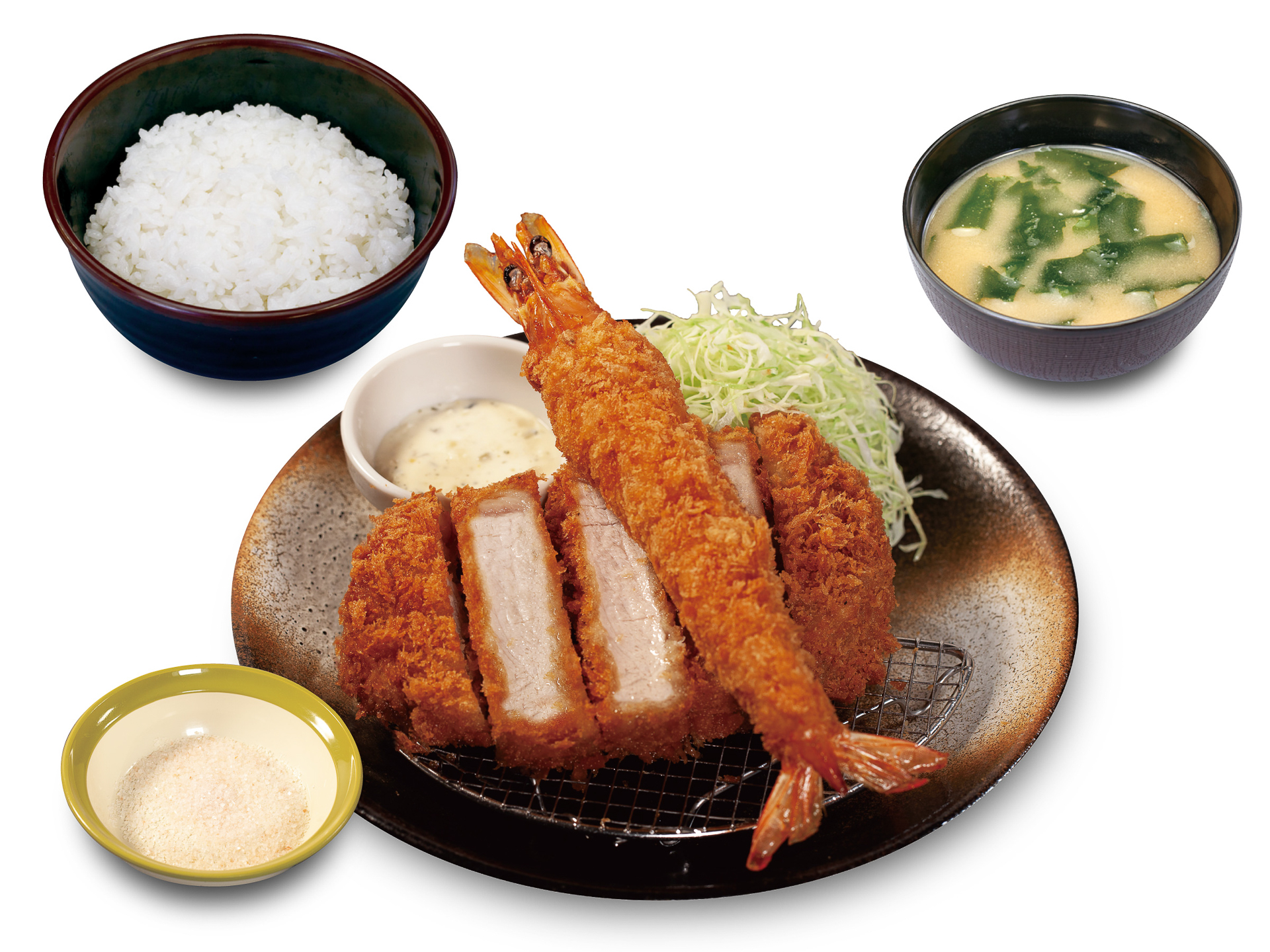 「国産雪国育ち厚切りロースかつ＆有頭大海老フライ（1尾）定食」（1550円）