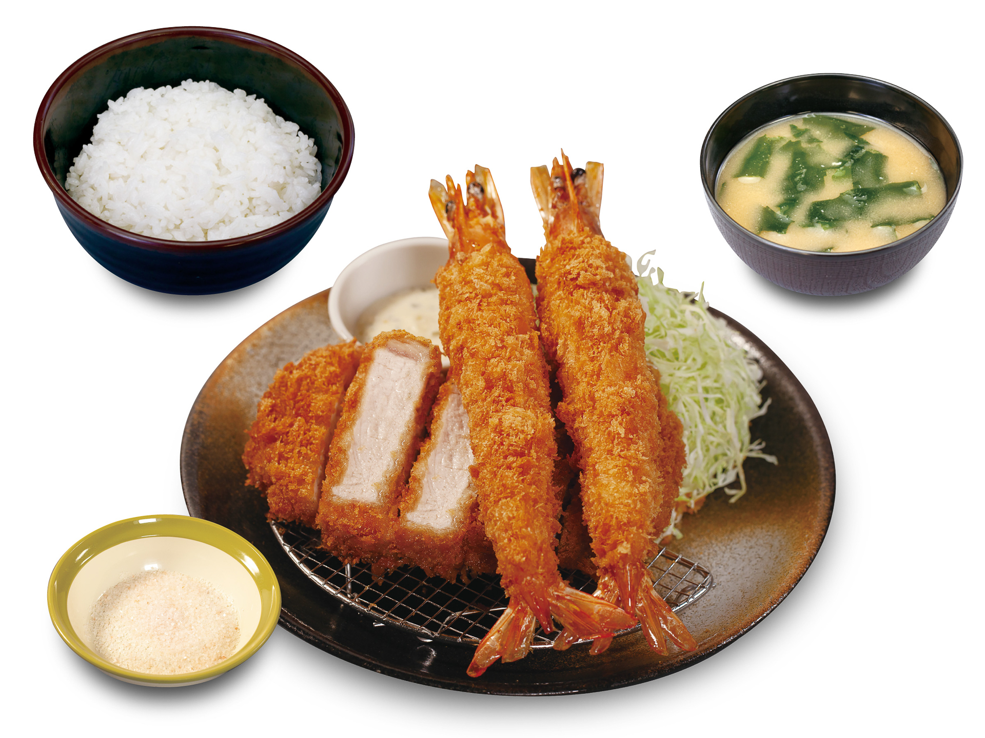 「国産雪国育ち厚切りロースかつ＆有頭大海老フライ（2尾）定食」（2030円）