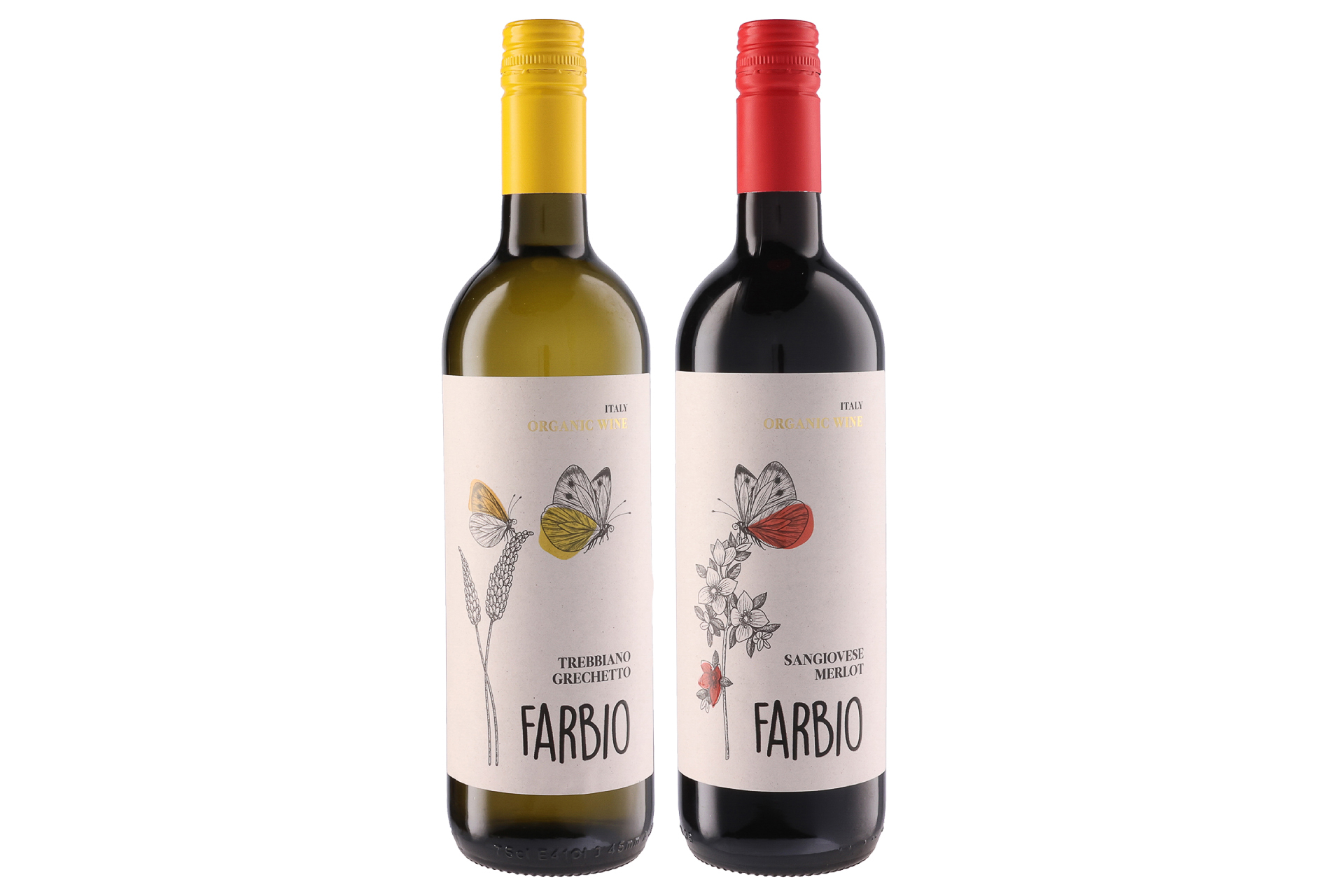 「Farbio Trebbiano Grechetto Organic」（左）と「Farbio Sangiovese Merlot Organic」（右）