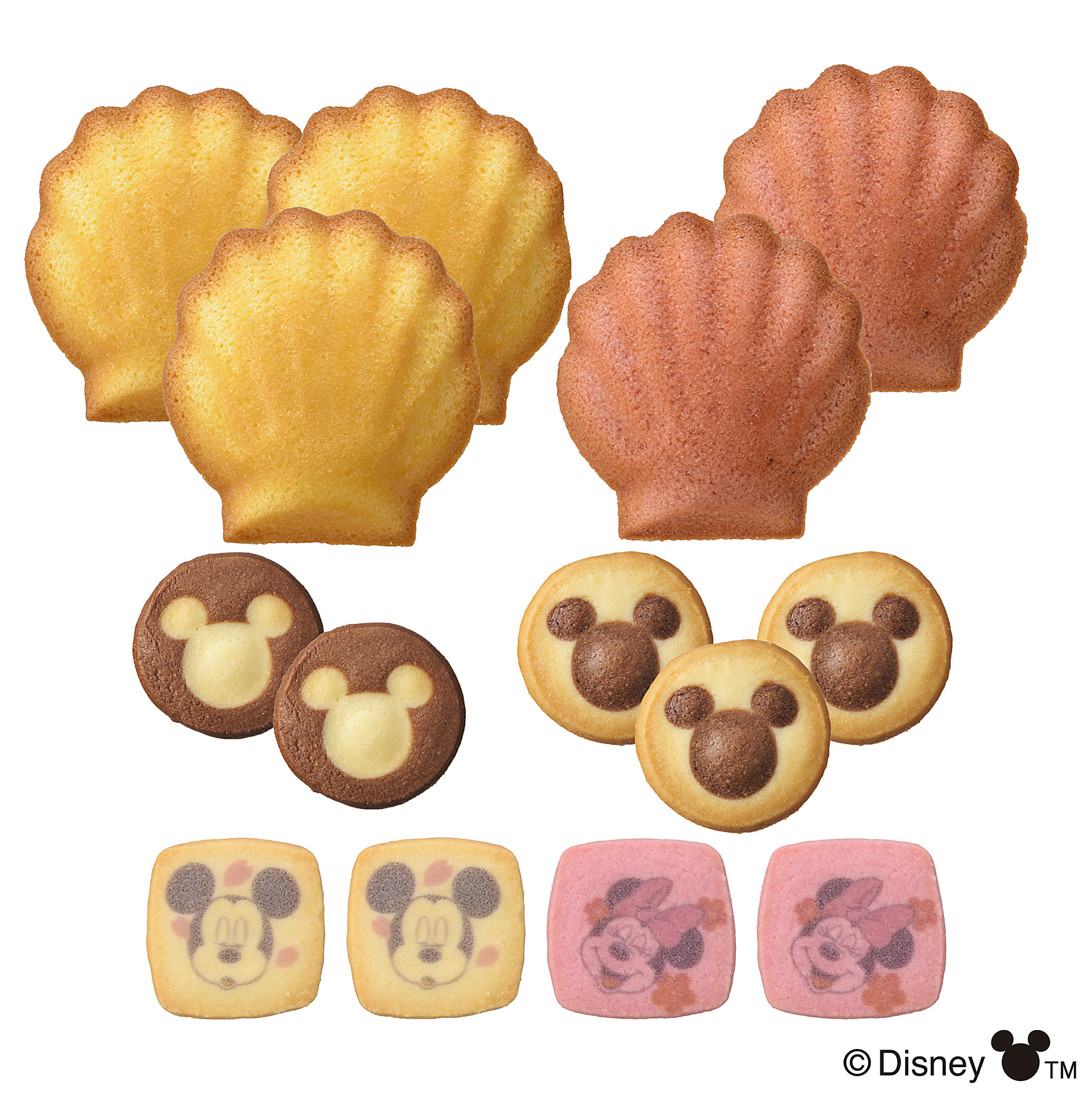 「ミッキー」アイコン柄クッキーとプリントクッキー、バターといちごのマドレーヌを詰め合わせた