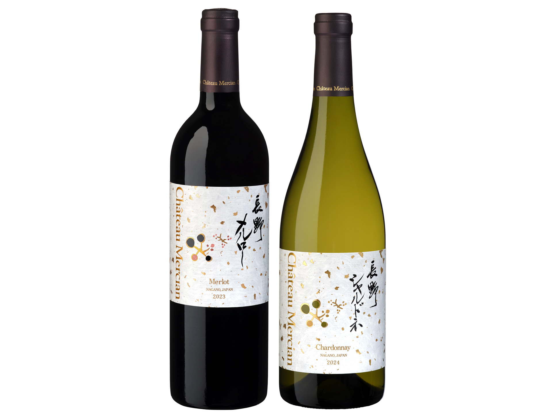 メルシャン「シャトー・メルシャン 長野シャルドネ 2024」（右）と「シャトー・メルシャン 長野メルロー 2023」（左）