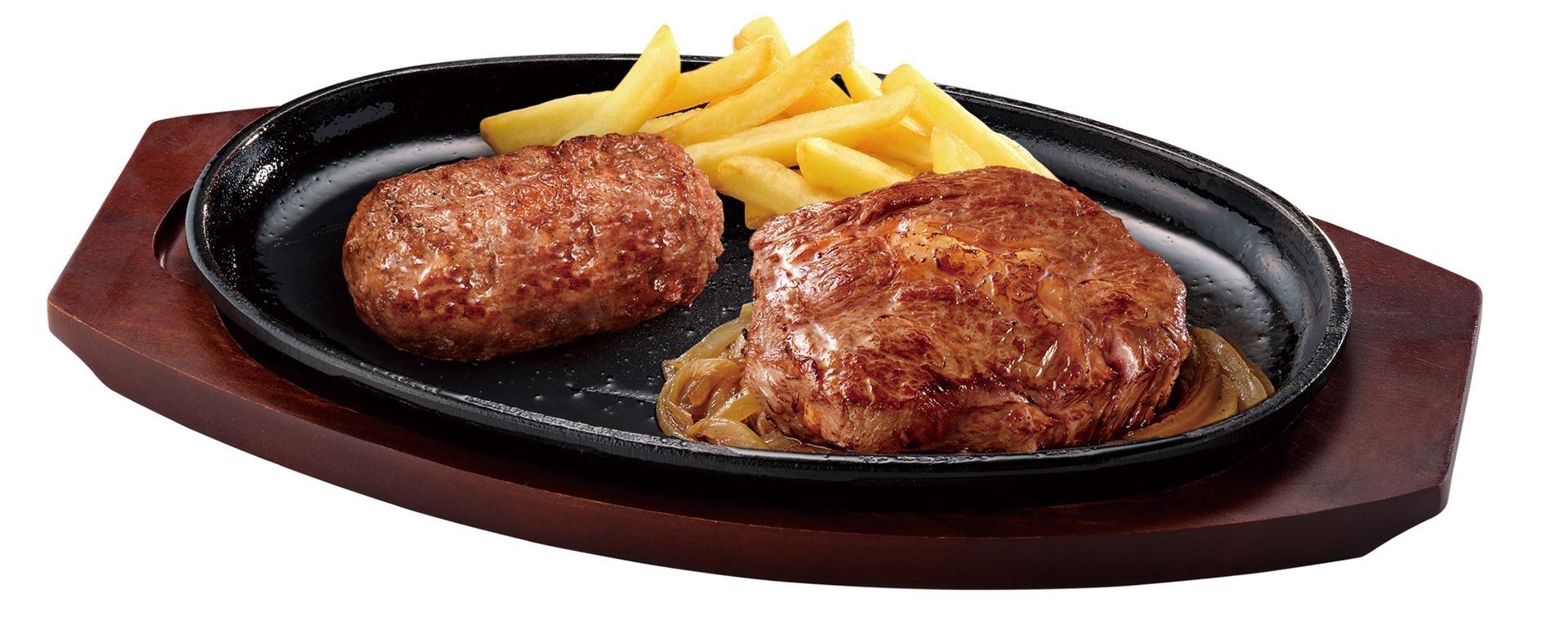 「ブロンコおじさんのこだわり炭焼きがんこハンバーグ＆炭焼きぶどう牛リブロースステーキ（単品・300g［ハンバーグ150g＋リブロースステーキ150g］）」（3828円）