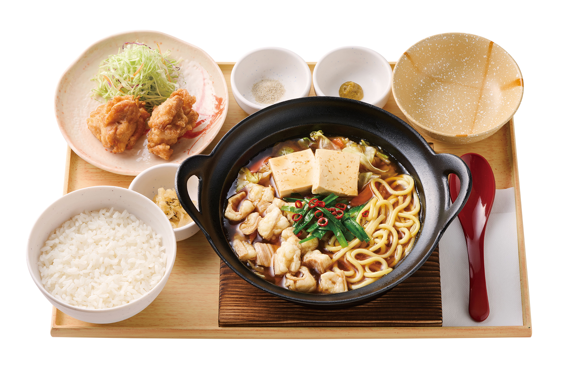 「【から揚げ小鉢付】もつ鍋定食」（1350円）