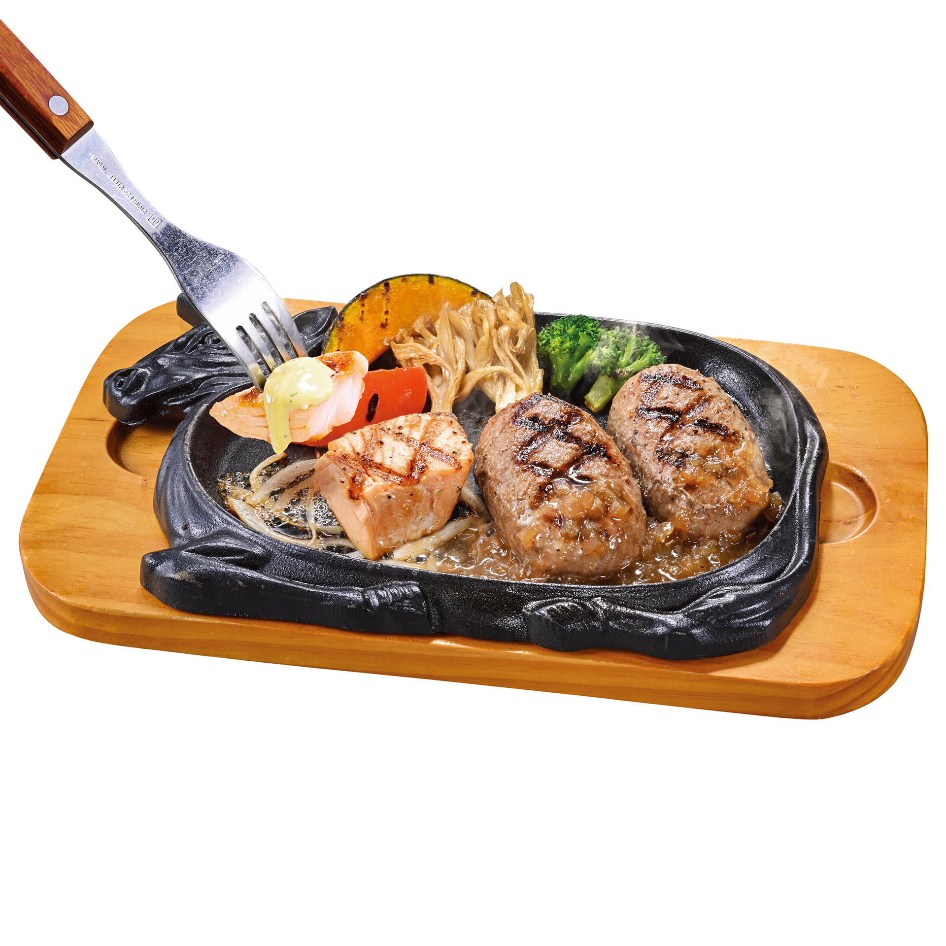 「サーモングリル＆大俵ハンバーグ 付け合わせ焼き野菜」（150g 1958円、200g 2068円、250g 2288円）