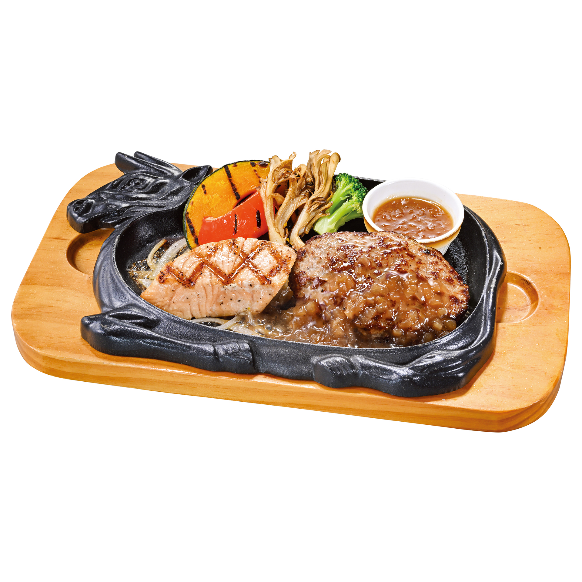 「サーモングリル＆手ごねハンバーグ150g 付け合わせ焼き野菜」（1694円）