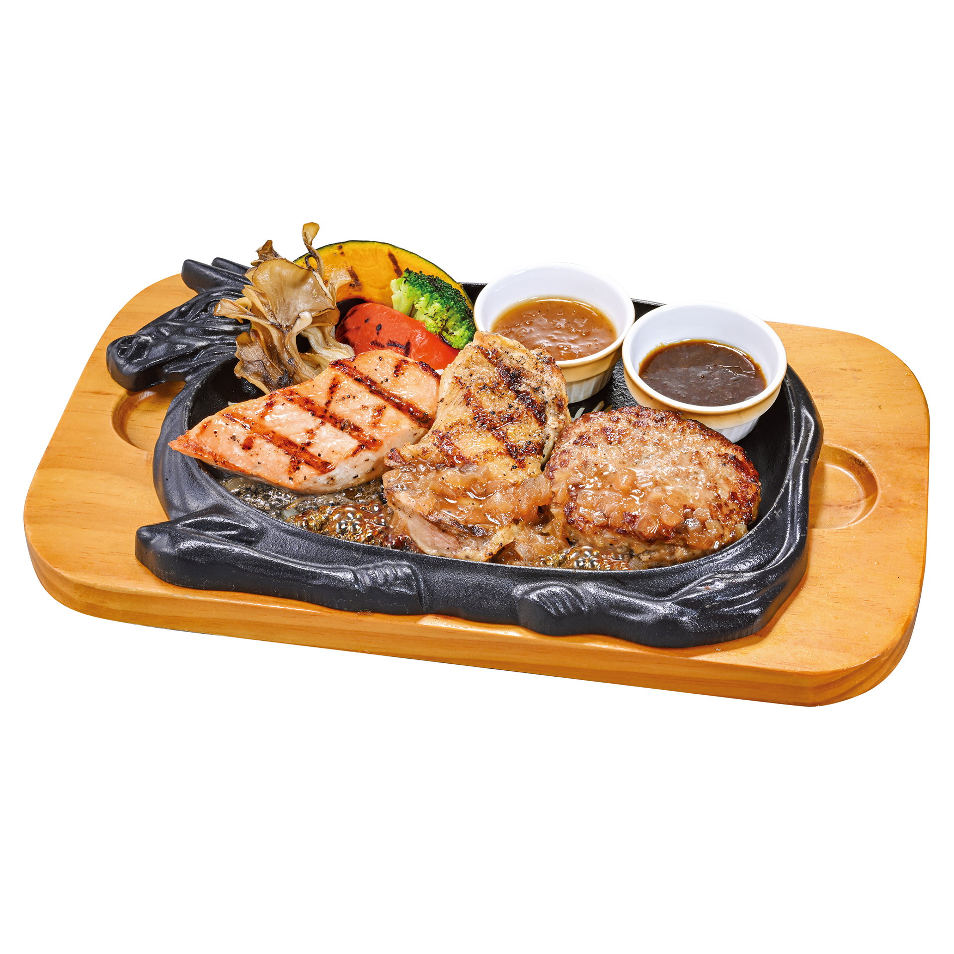 「サーモングリルのトリプルグリル 付け合わせ焼き野菜（手ごねハンバーグ100g、グリルチキン100g）」（1958円）