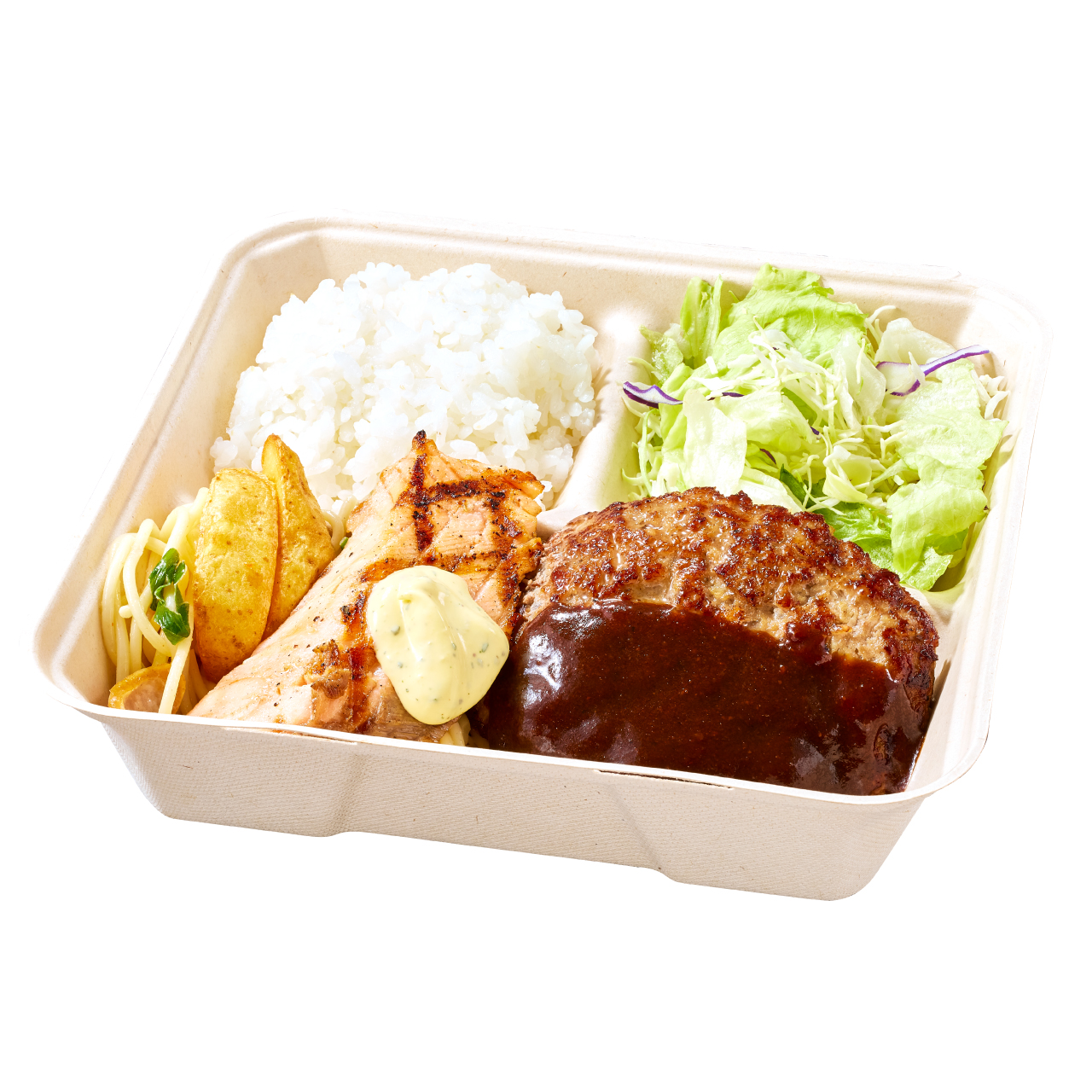 「サーモングリル＆手ごねハンバーグ弁当」（1290円）