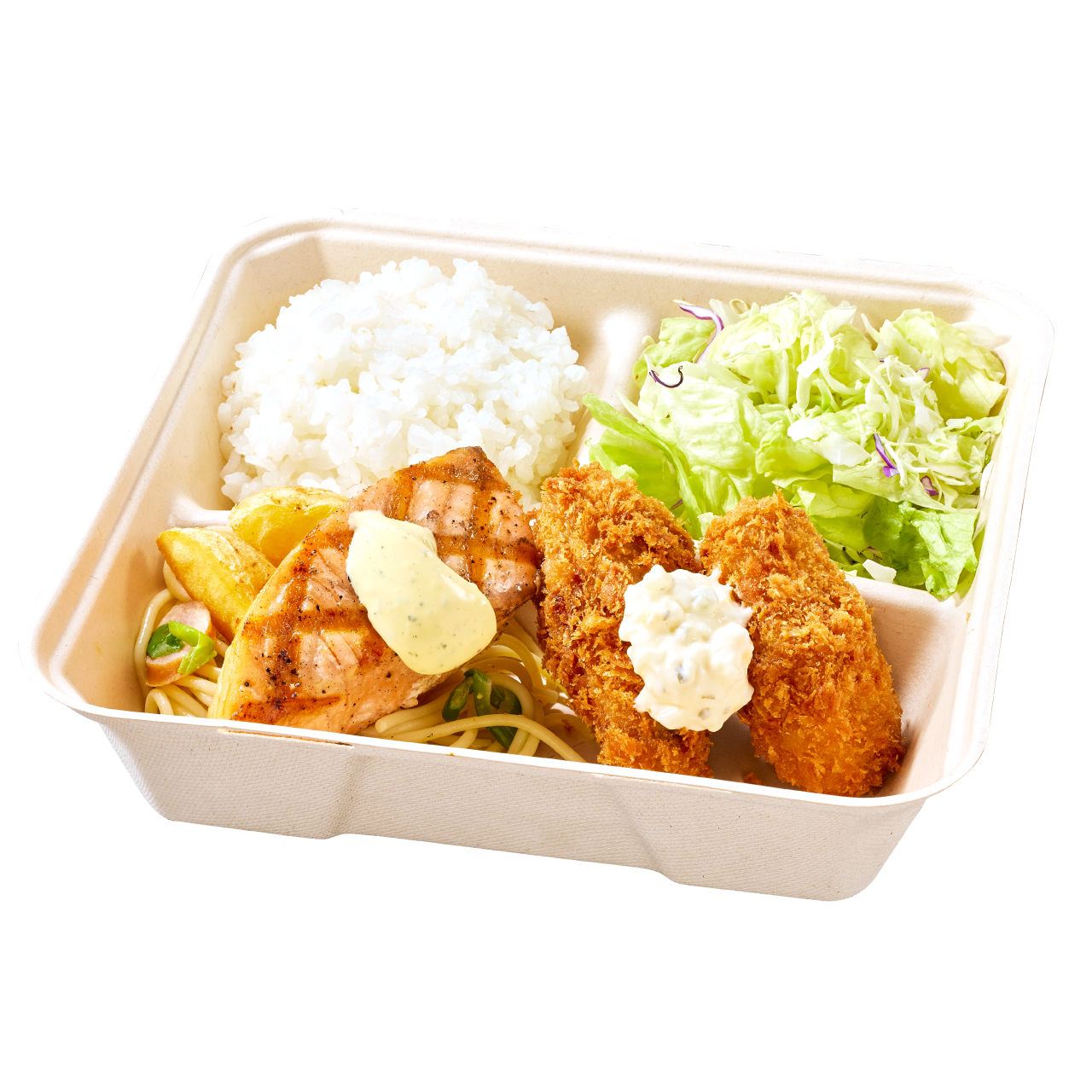 「サーモングリル＆牡蠣フライ弁当」（1090円）