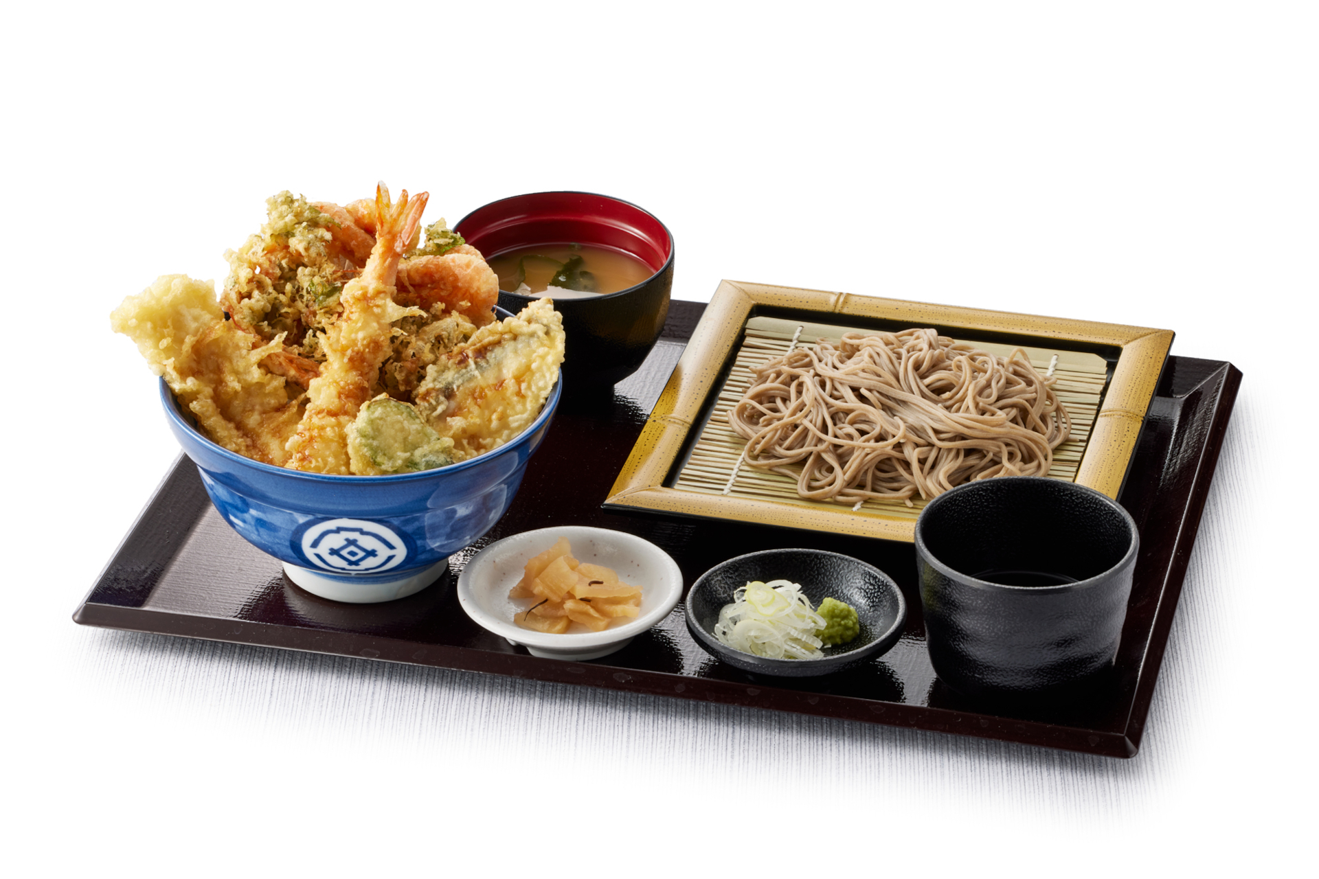 「早春海老天丼（小）藪そばサービスセット（みそ汁付）」