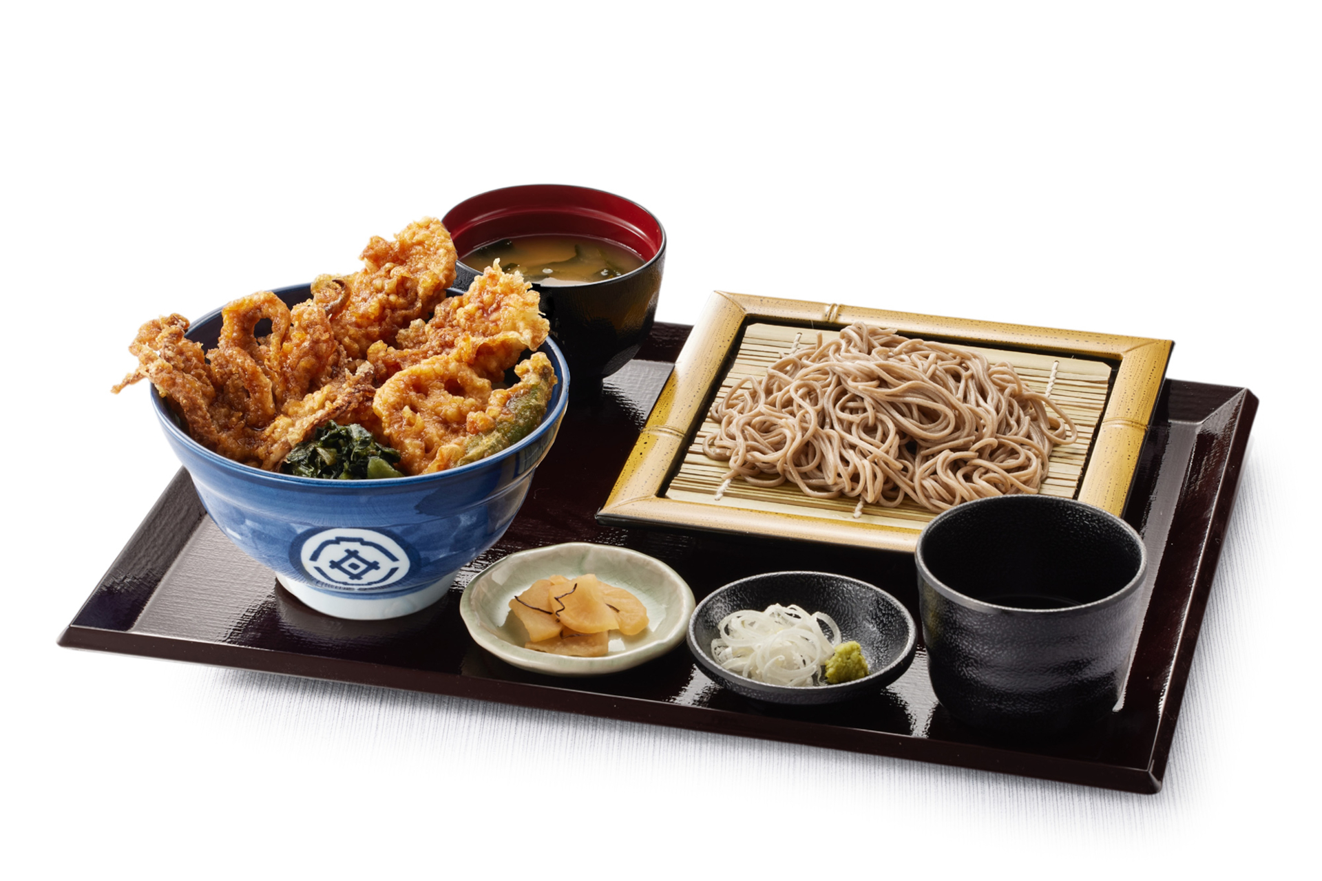 「たれづけいかづくし天丼（小）藪そばサービスセット（みそ汁付）」