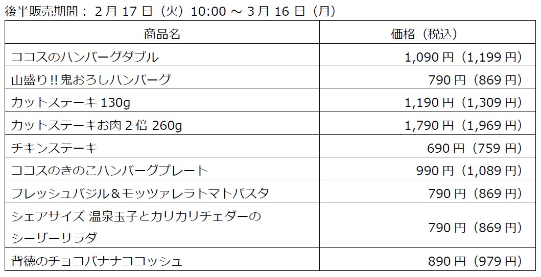 オリジナルクリアカード付対象メインメニュー（後半販売期間）