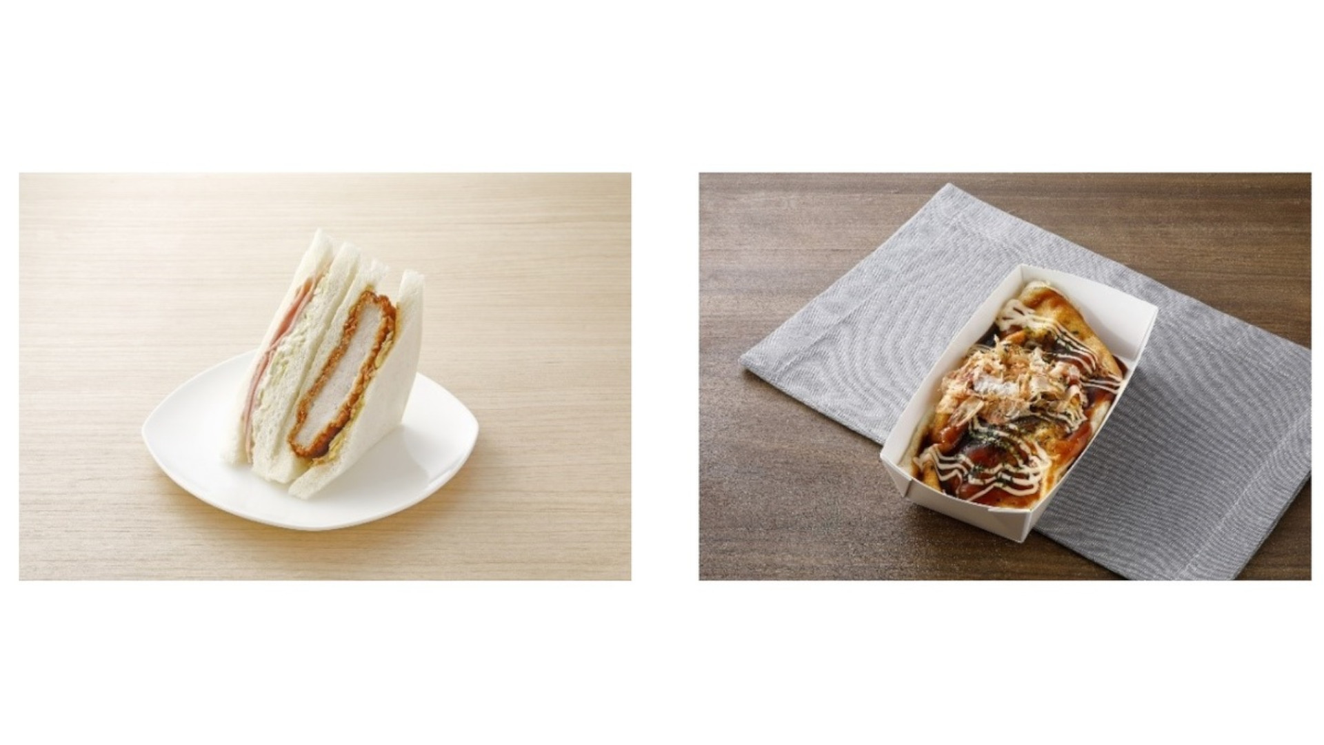 ローソン「ロースカツ＆コールスローサンド」（左）と「キャベツ焼」（右）