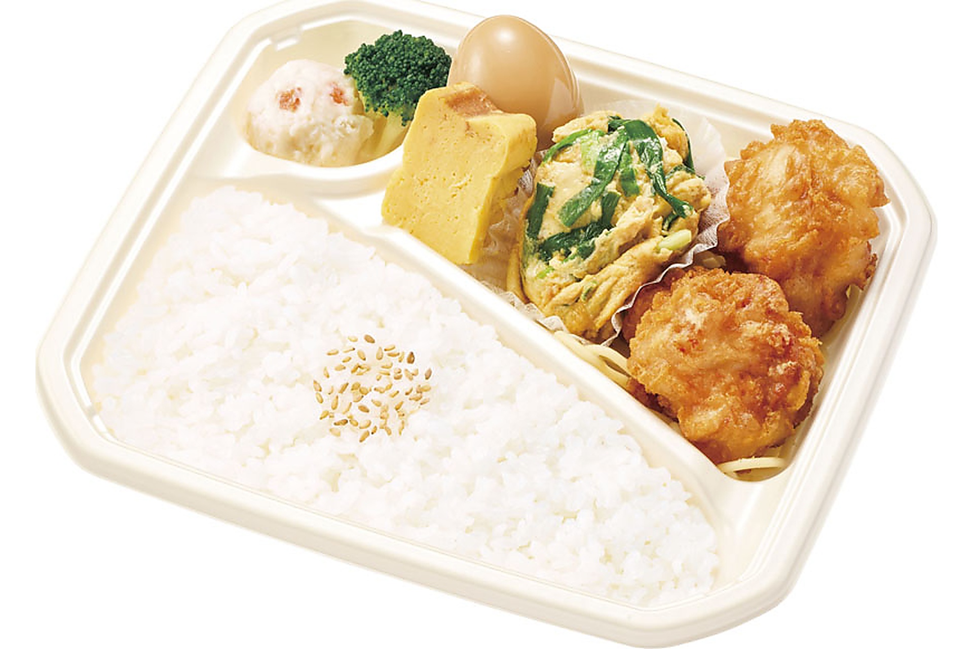 「推し盛弁当」サービスで作った親子ミックス弁当の例（唐揚2コ、ニラ玉、煮たまご、たまごやき）