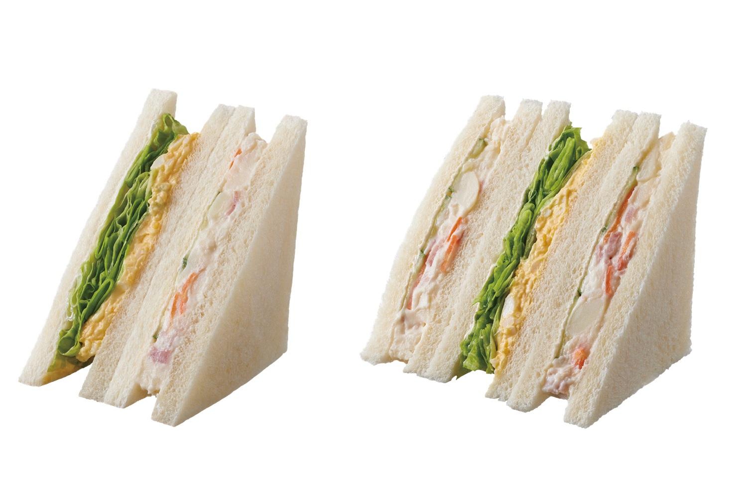左が従来品、右が「盛りすぎ！ポテトたまごサンド」（297円）