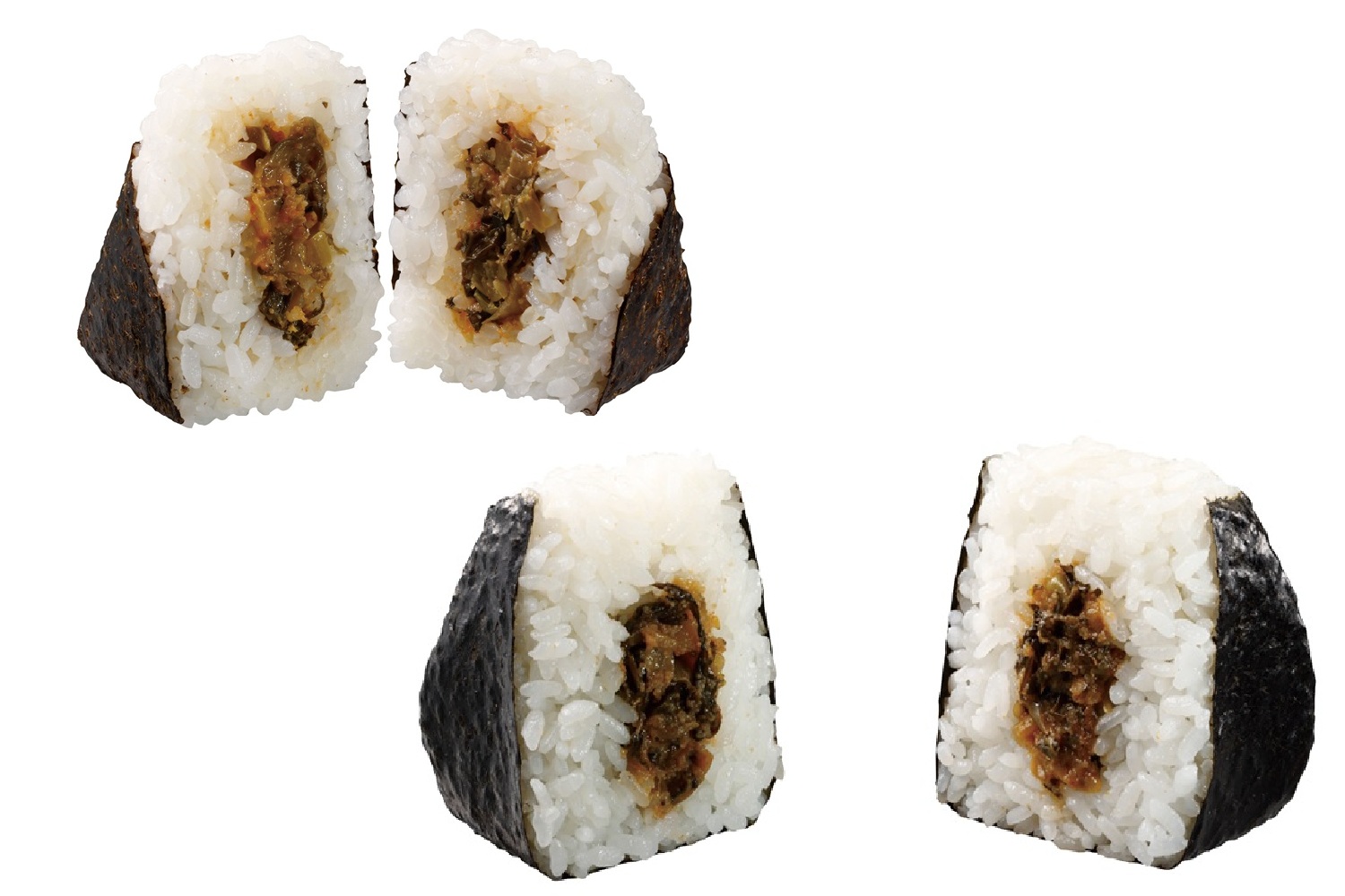 左上が従来品、右下が「盛りすぎ！高菜明太おにぎり」（192円）